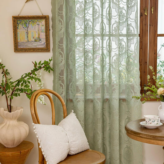 Green Lace French Delicacy Curtains -Rod Pocket Luxury Vintage Bow Butterfly Flower Sheer Lace Curtains for Living Room Bedroom