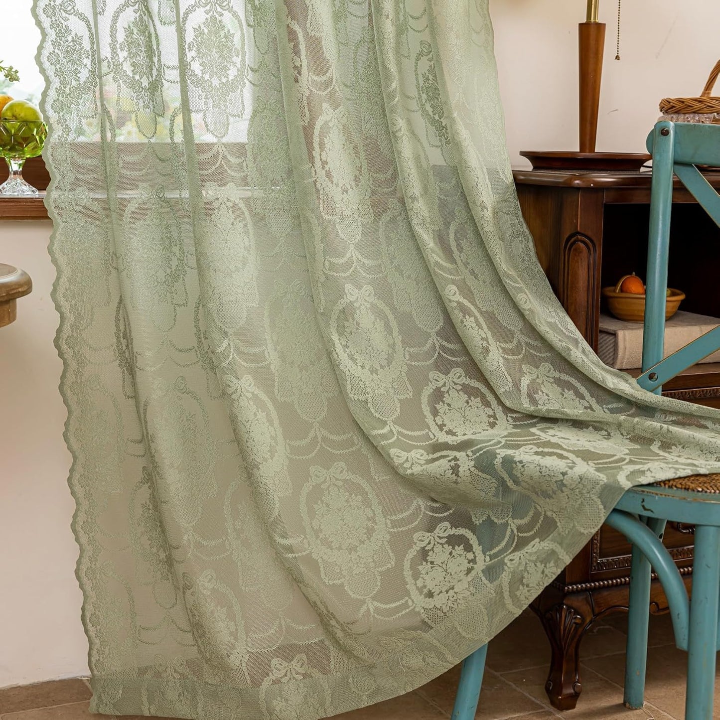 Green Lace French Delicacy Curtains -Rod Pocket Luxury Vintage Bow Butterfly Flower Sheer Lace Curtains for Living Room Bedroom