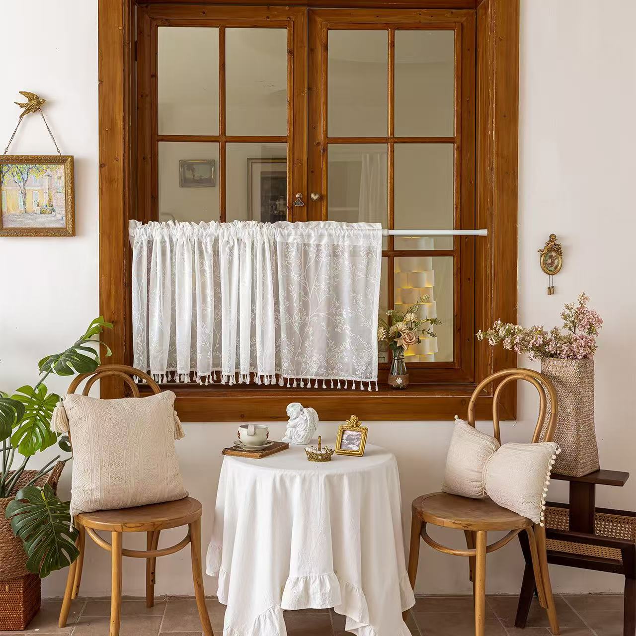White Valances for Windows, Small Window Curtains for Living Room Bathroom Laundry Basement, Modern Rod Pocket Semi Sheer Jacquard Curtains