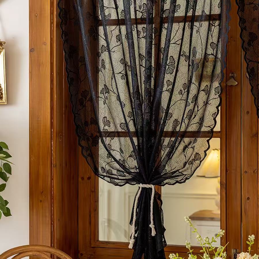 Vintage Lace Curtains Romantic Ginkgo biloba leaves pattern Curtains Panels for Kithchen Living Room French Door, Black