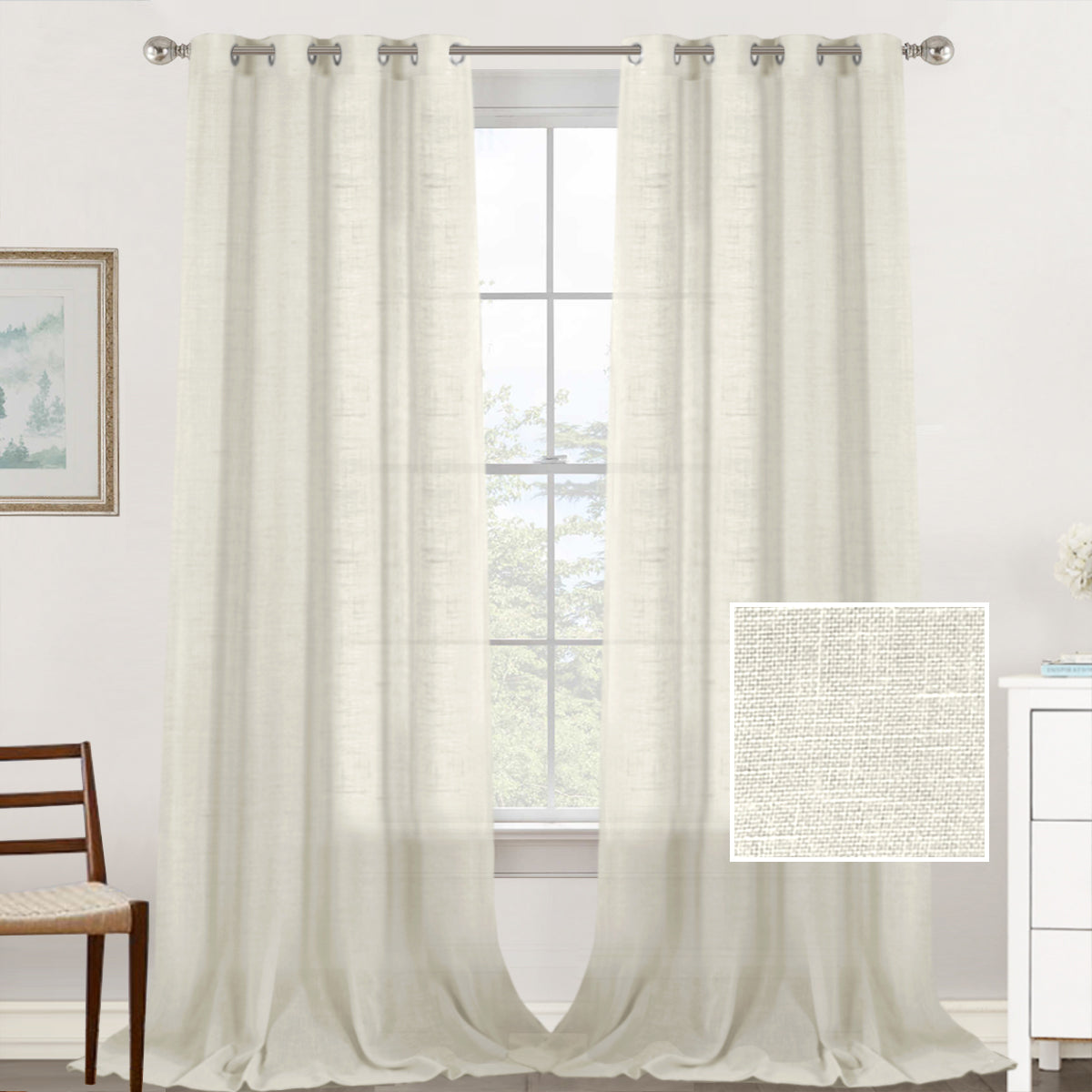 Natural Linen Sheer Curtains 2 Panels, Grommet Semitransparent Semi-Sheer Soft Comfort Privacy Drapes,Ivory