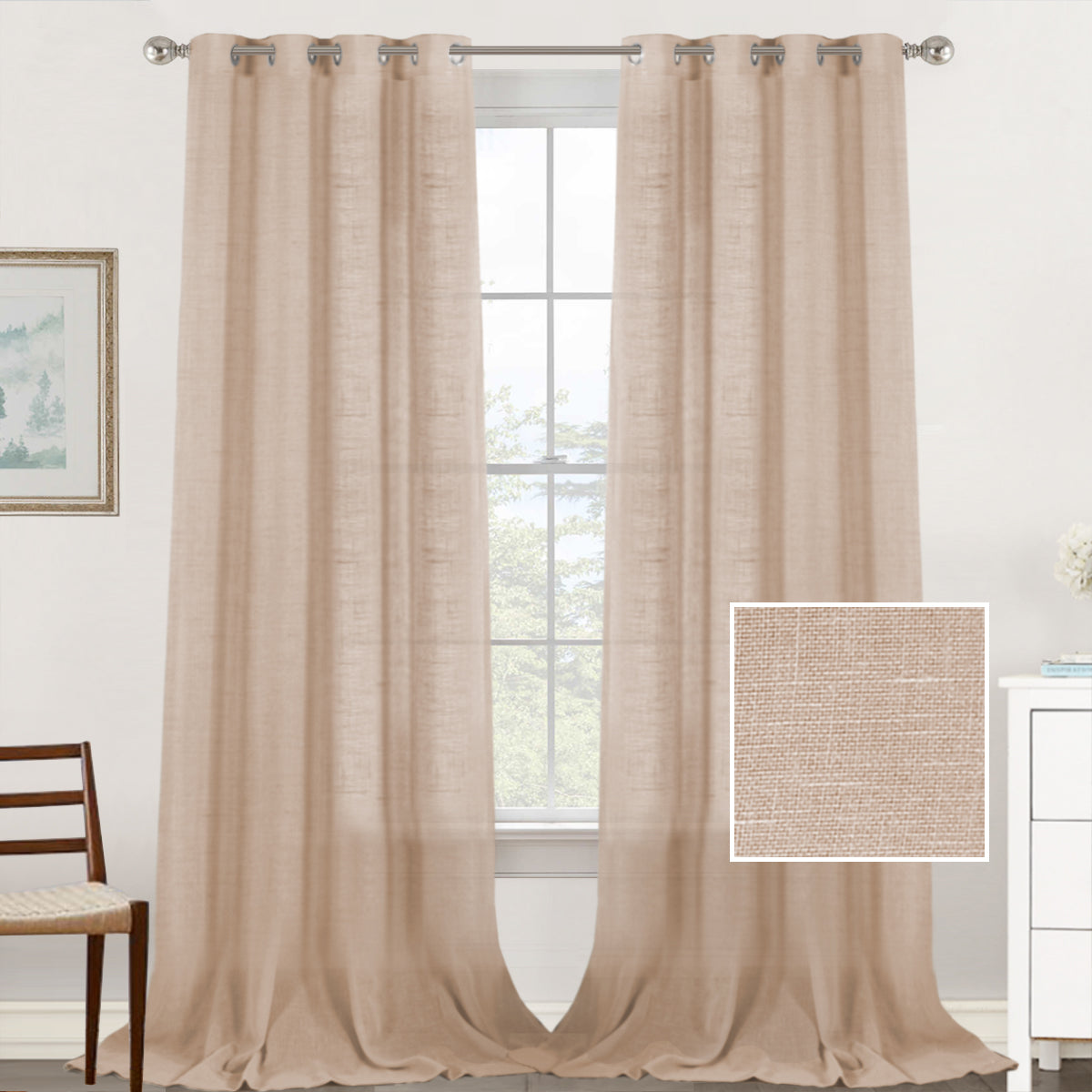 Natural Linen Sheer Curtains 2 Panels, Grommet Semitransparent Semi-Sheer Soft Comfort Privacy Drapes,Natural