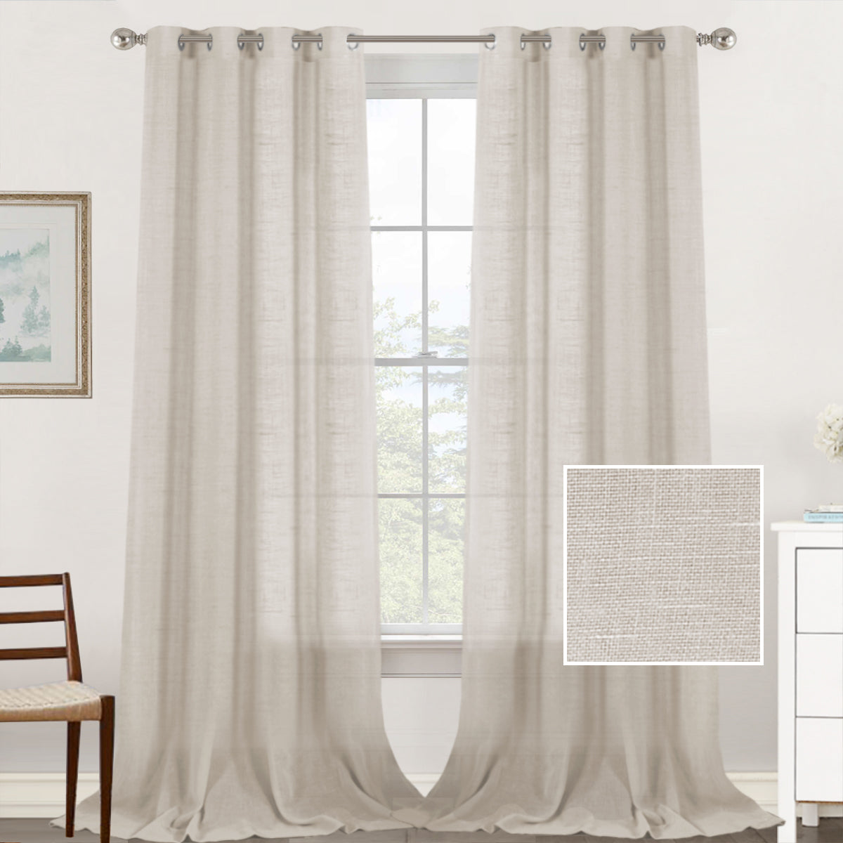 Natural Linen Sheer Curtains 2 Panels, Grommet Semitransparent Semi-Sheer Soft Comfort Privacy Drapes,Linen