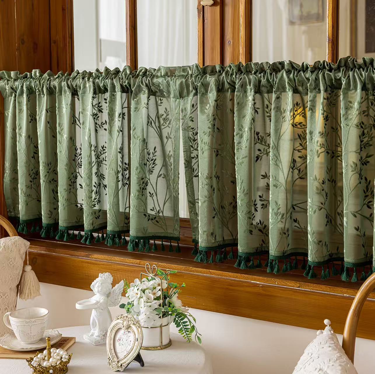 Green Valances for Windows, Small Window Curtains for Living Room Bathroom Laundry Basement, Modern Rod Pocket Semi Sheer Jacquard Curtains
