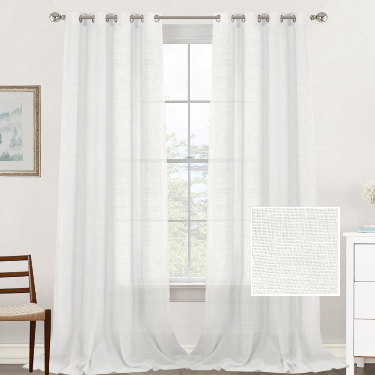 Natural Linen Sheer Curtains 2 Panels, Grommet Semitransparent Semi-Sheer Soft Comfort Privacy Drapes, White