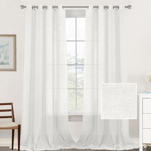 Natural Linen Sheer Curtains 2 Panels, Grommet Semitransparent Semi-Sheer Soft Comfort Privacy Drapes, White