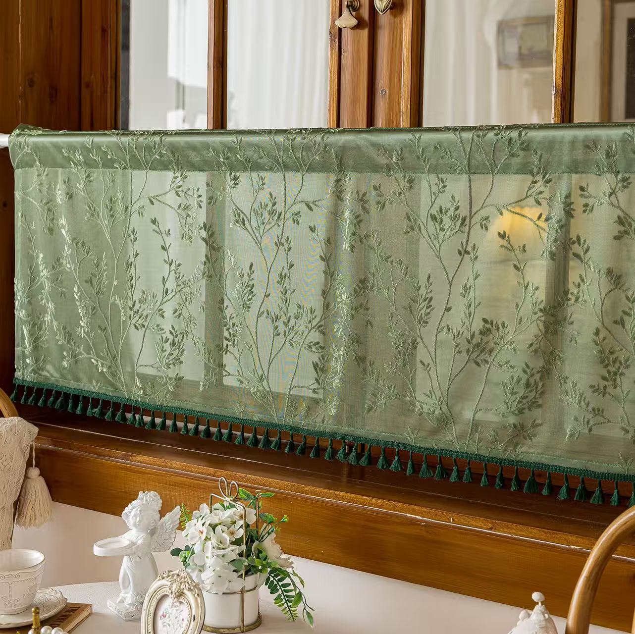 Green Valances for Windows, Small Window Curtains for Living Room Bathroom Laundry Basement, Modern Rod Pocket Semi Sheer Jacquard Curtains