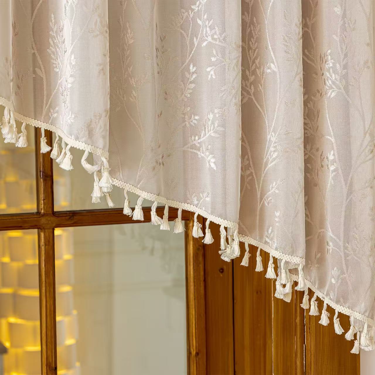 Beige Lace Kitchen Curtain Valance Door Panel Rod Pocket Voile Window Treatment Tier for Bathroom Dining Room 1 Panel