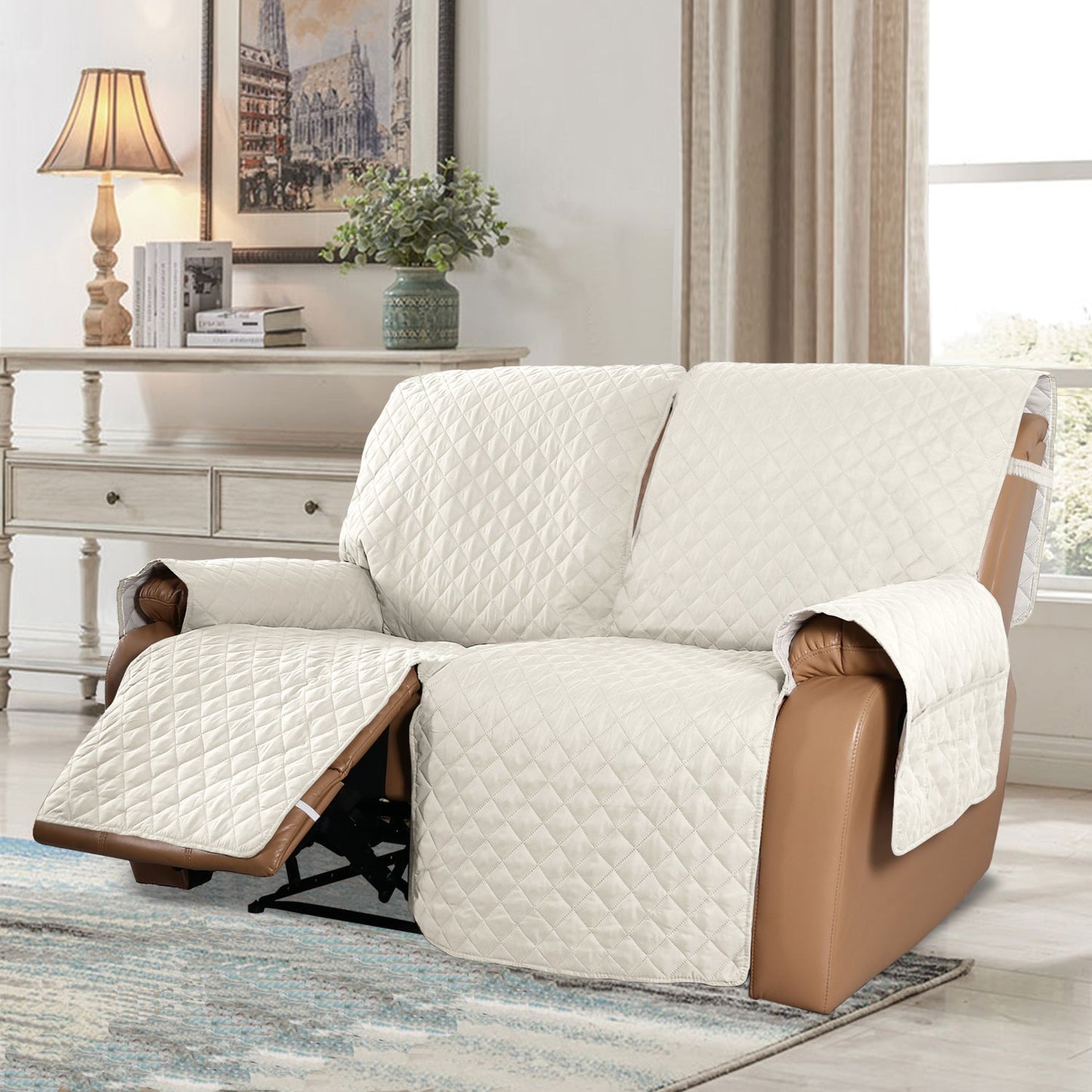 Recliner Sofa Cover with Pocket, Slipcovers Reversible Washable Elastic Adjustable Strap for home(2 Seater,Ivory White)