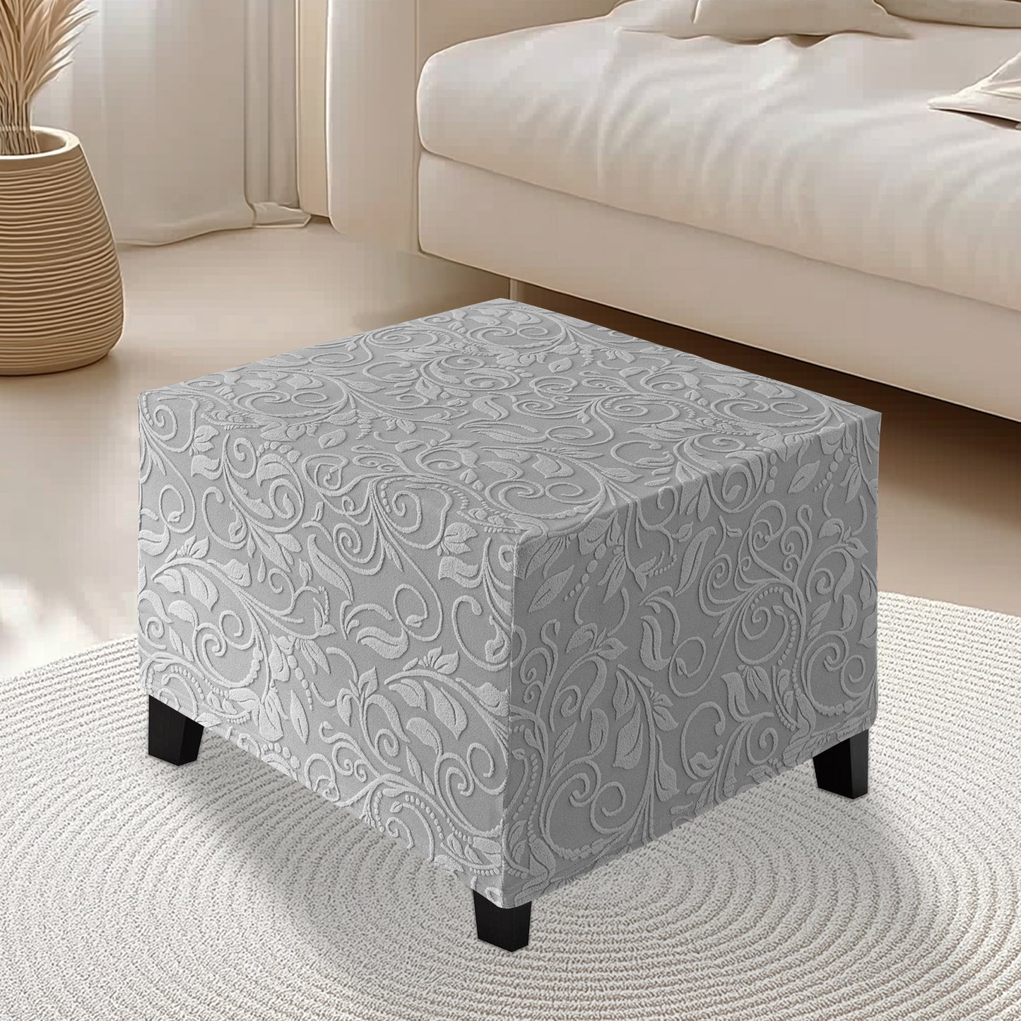 Stretch Square Ottoman Cover Jacquard Embroidery  Folding Storage Stool Furniture Protector Soft Rectangle slipcover with Elastic Bottom ,Grey