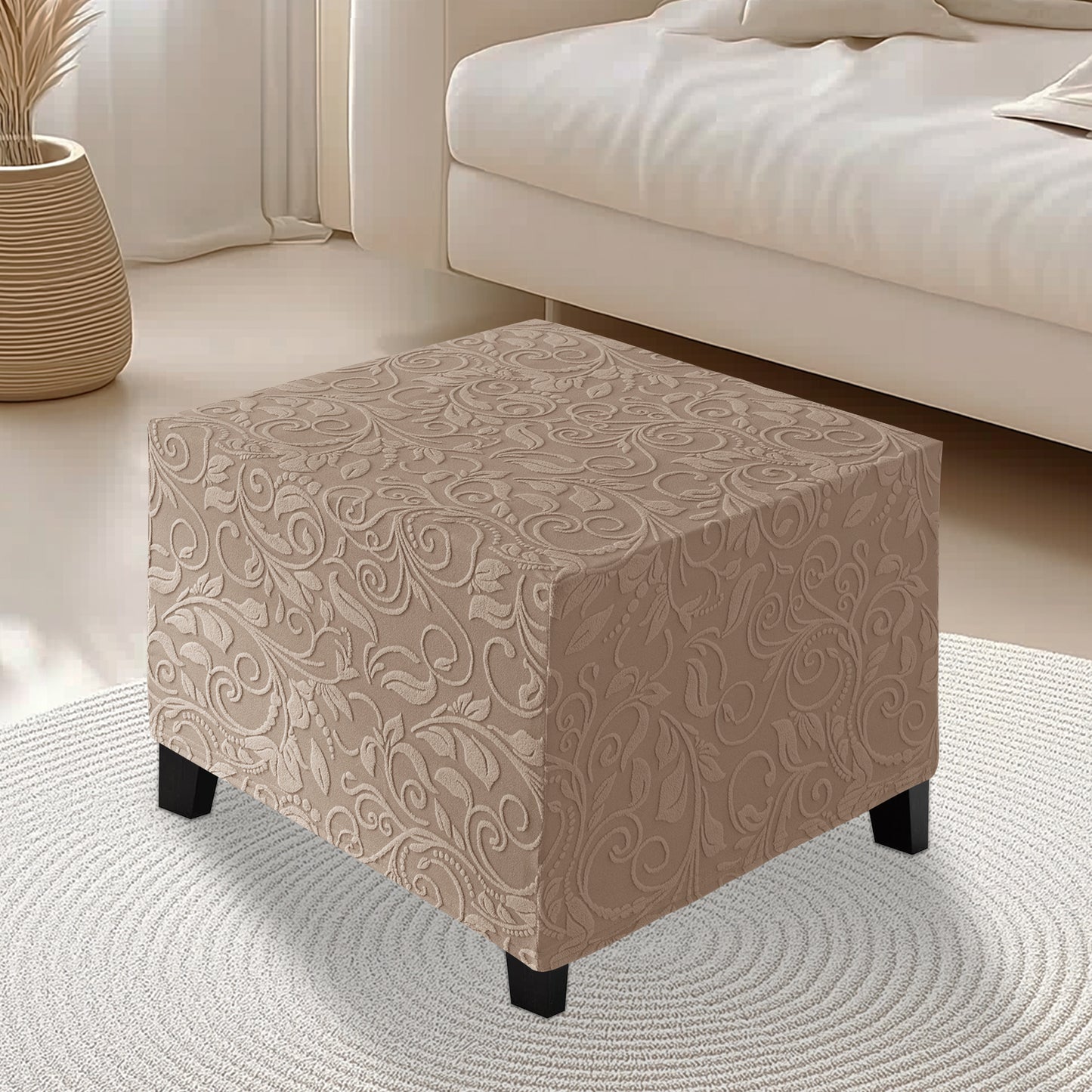 Stretch Square Ottoman Cover Jacquard Embroidery  Folding Storage Stool Furniture Protector Soft Rectangle slipcover with Elastic Bottom ,Light Brown