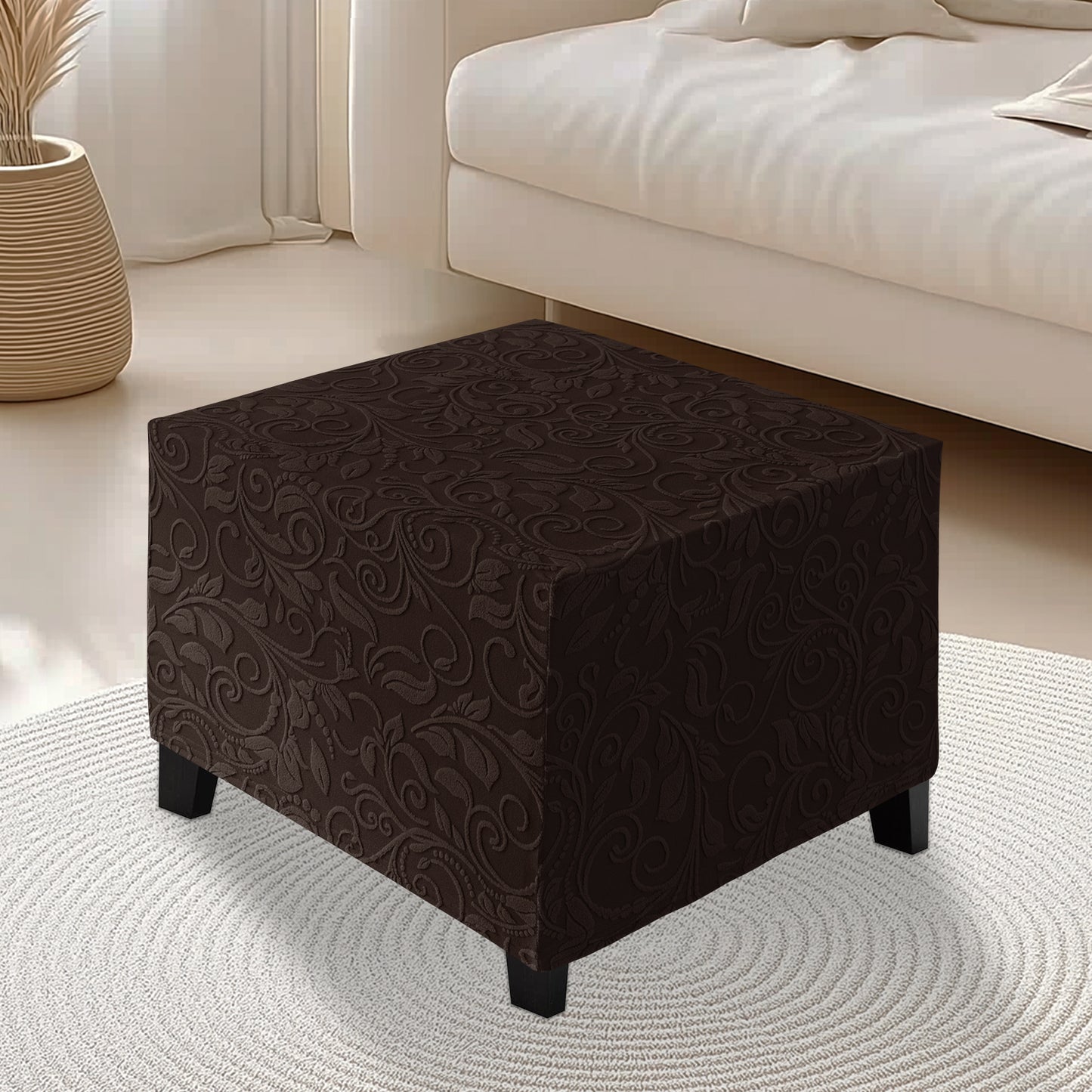 Stretch Square Ottoman Cover Jacquard Embroidery  Folding Storage Stool Furniture Protector Soft Rectangle slipcover with Elastic Bottom,Chocolate