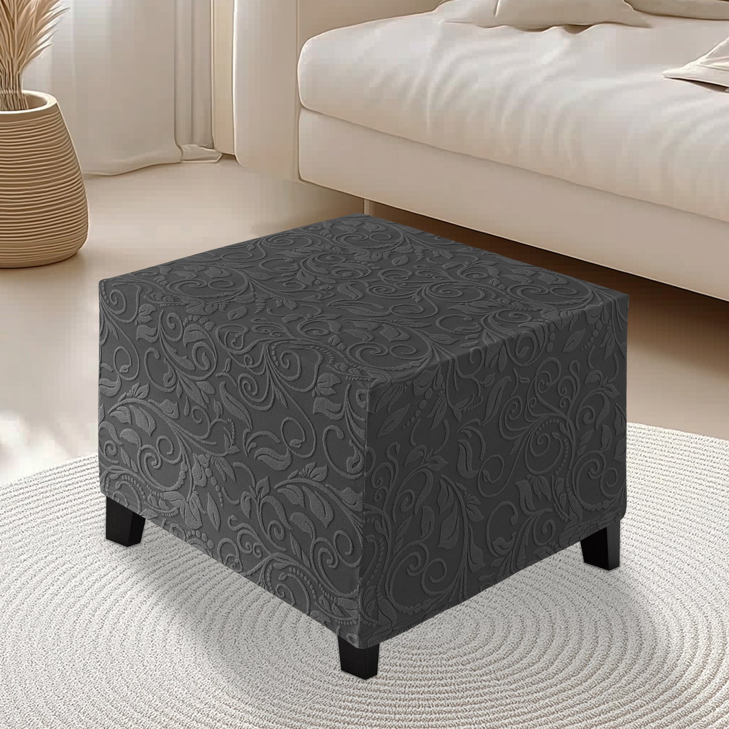 Stretch Square Ottoman Cover Jacquard Embroidery  Folding Storage Stool Furniture Protector Soft Rectangle slipcover with Elastic Bottom ,Dark Grey