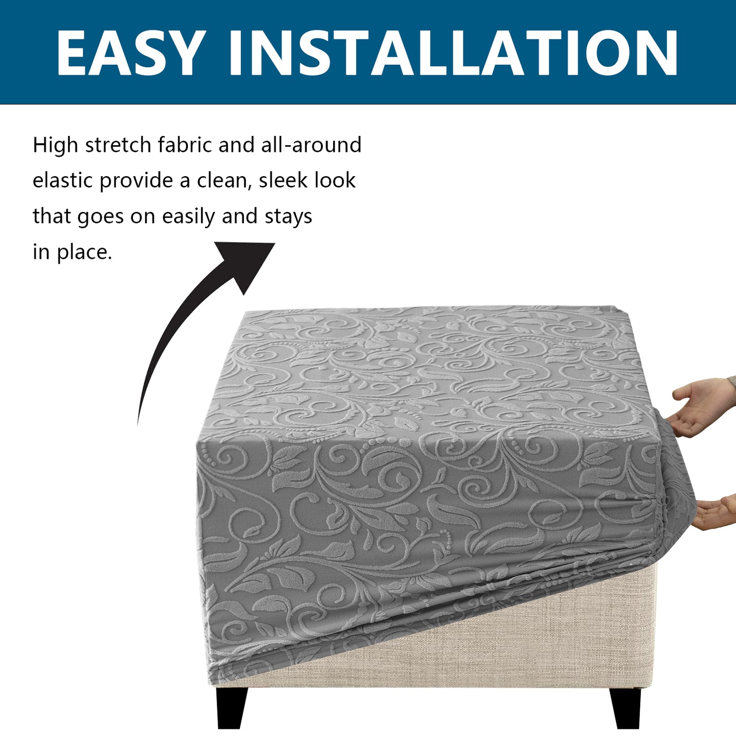 Stretch Square Ottoman Cover Jacquard Embroidery  Folding Storage Stool Furniture Protector Soft Rectangle slipcover with Elastic Bottom ,Grey