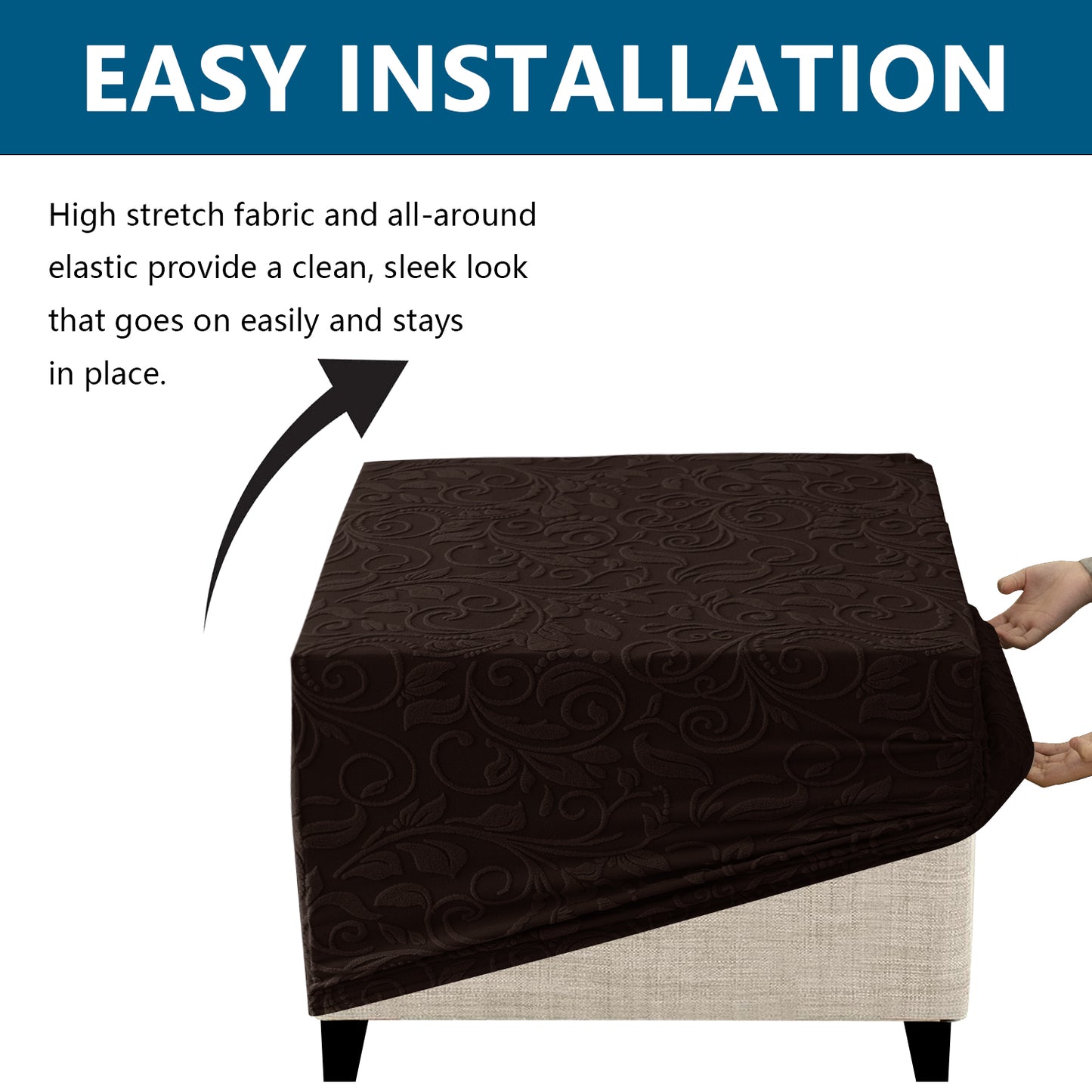 Stretch Square Ottoman Cover Jacquard Embroidery  Folding Storage Stool Furniture Protector Soft Rectangle slipcover with Elastic Bottom,Chocolate