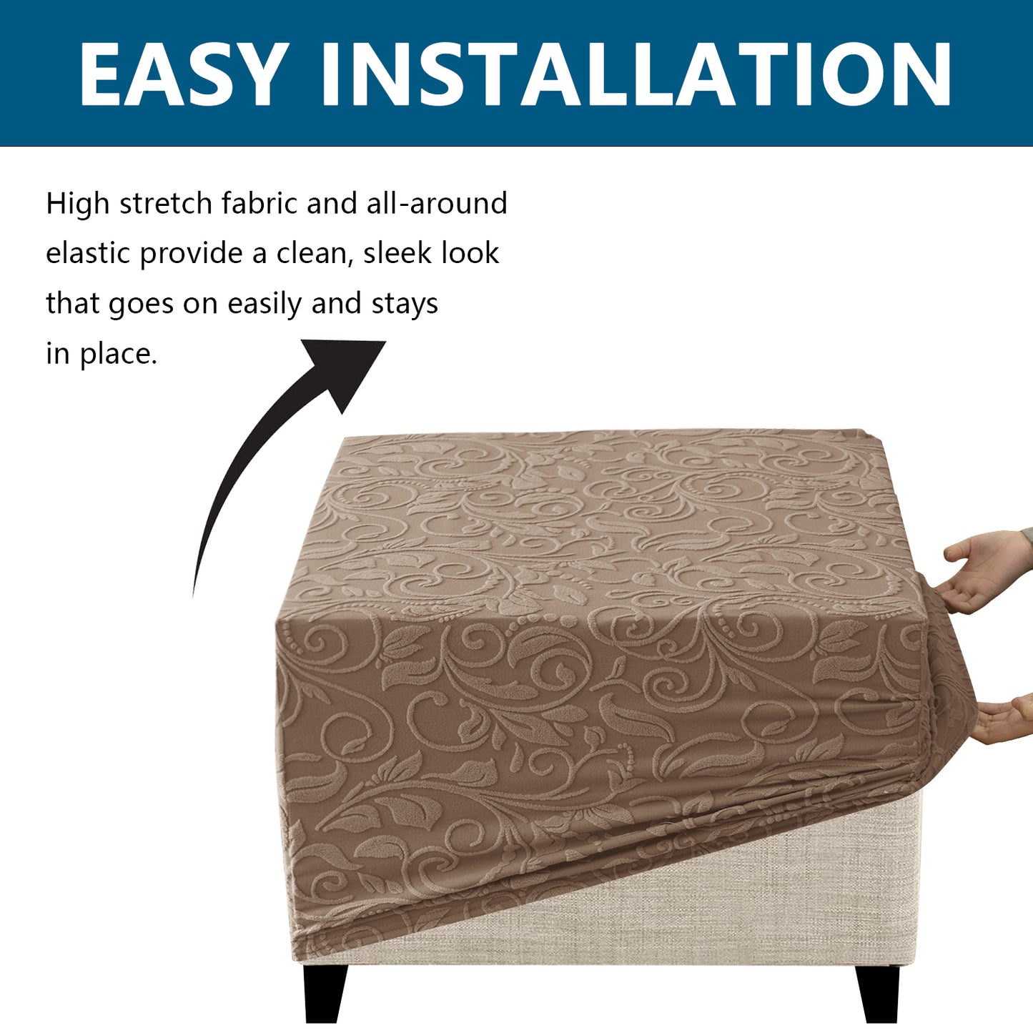 Stretch Square Ottoman Cover Jacquard Embroidery  Folding Storage Stool Furniture Protector Soft Rectangle slipcover with Elastic Bottom ,Light Brown