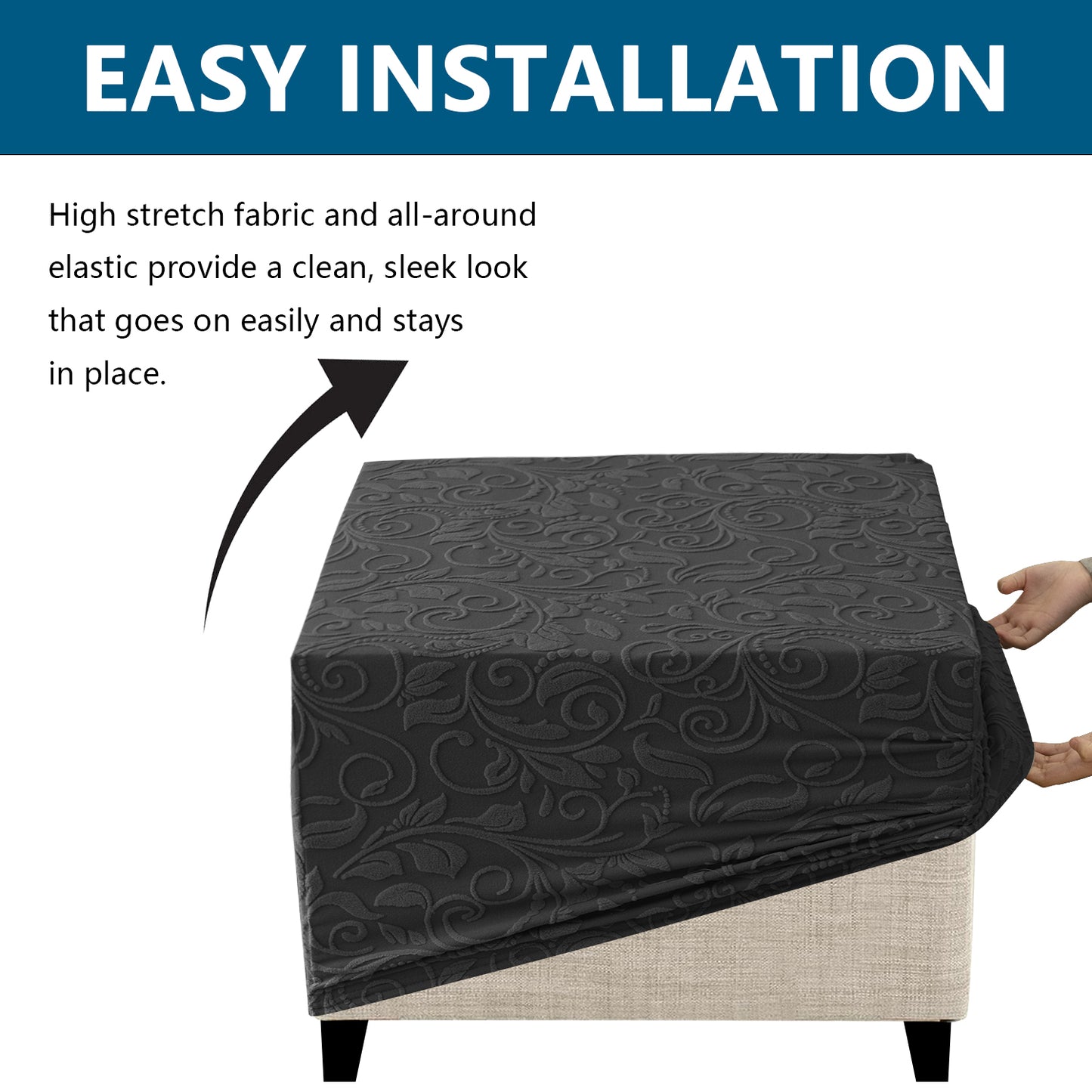 Stretch Square Ottoman Cover Jacquard Embroidery  Folding Storage Stool Furniture Protector Soft Rectangle slipcover with Elastic Bottom ,Dark Grey