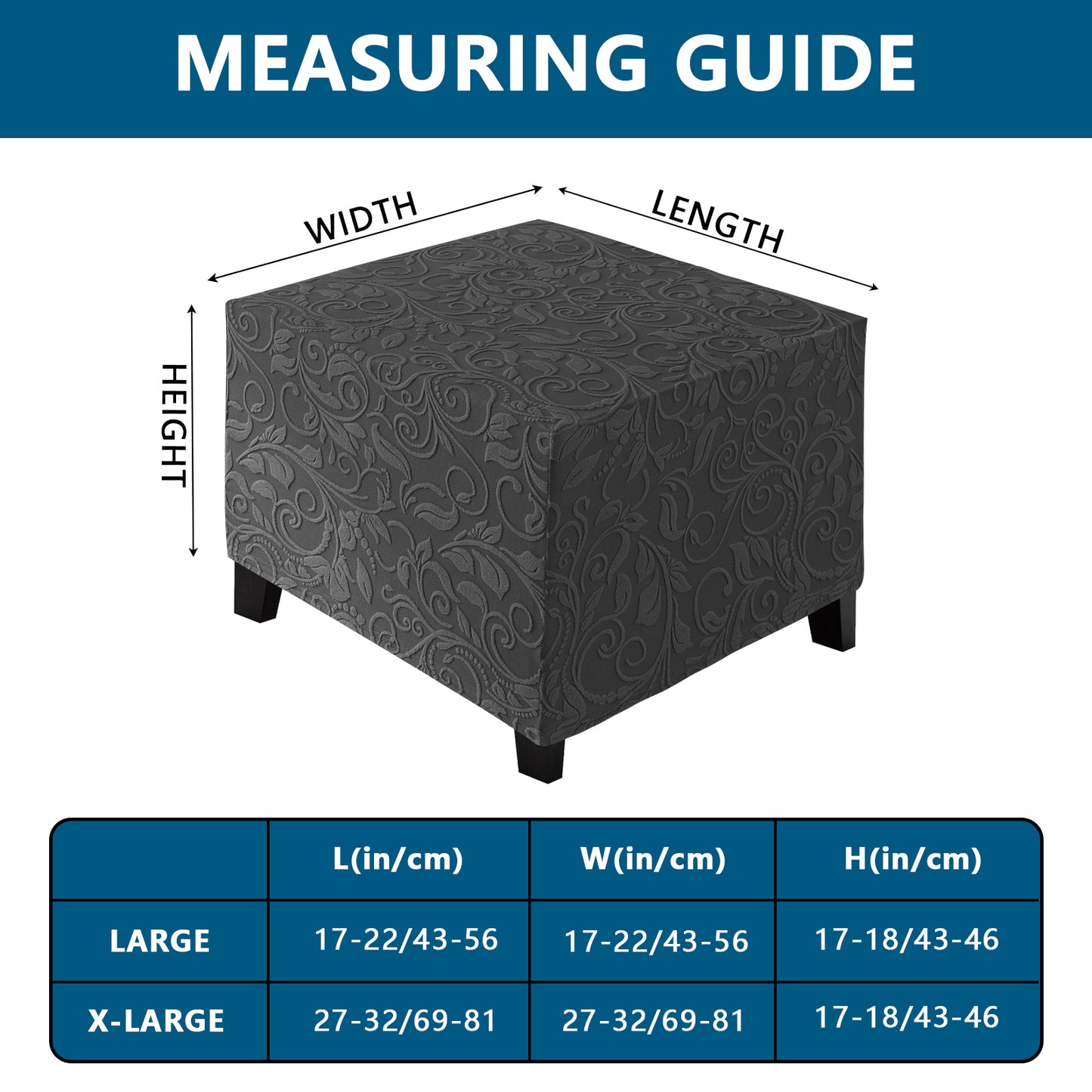 Stretch Square Ottoman Cover Jacquard Embroidery  Folding Storage Stool Furniture Protector Soft Rectangle slipcover with Elastic Bottom ,Dark Grey