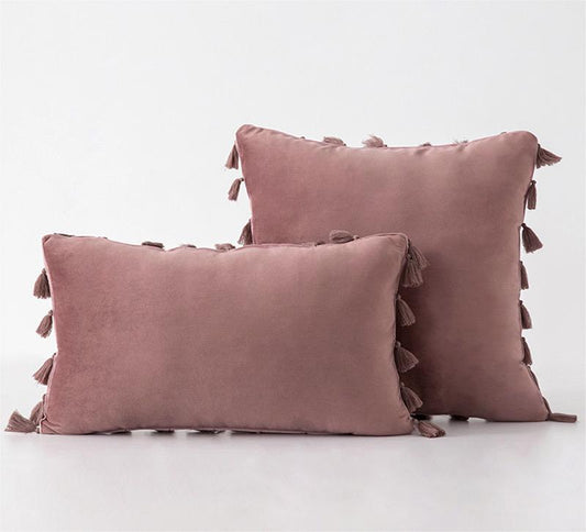 Pack of 2 Velvet Soft Solid Decorative Throw Pillows with Tassels Fringe Boho Accent Cushion for Couch Sofa Bed, Jam
