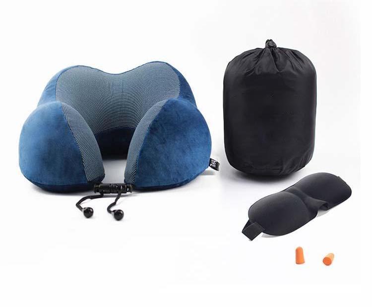 Travel Pillow 100% Pure Memory Foam Neck Pillow, Warm Velvet Cover - Machine Washable, Airplane Travel Kit with 3D Sleep Mask, Earplugs, and Luxury Bag, Blue