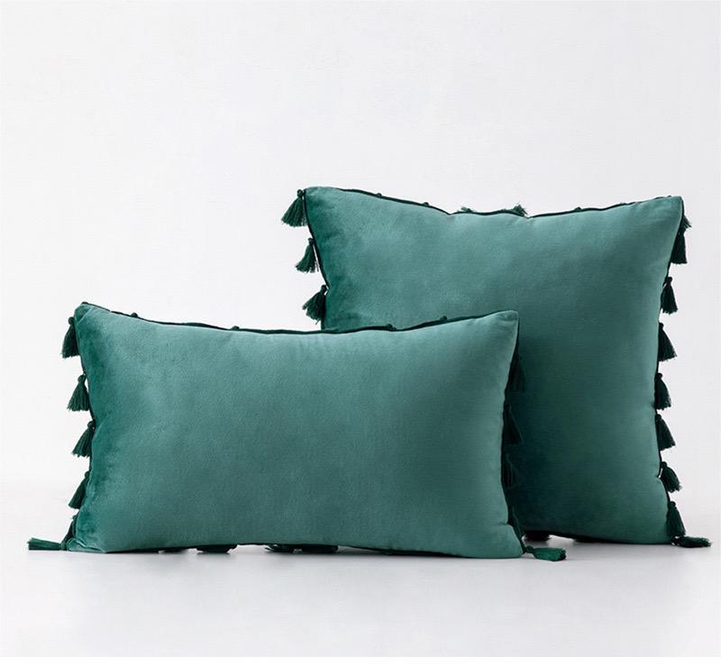 Pack of 2 Velvet Soft Solid Decorative Throw Pillows with Tassels Fringe Boho Accent Cushion Case for Couch Sofa Bed, Dark Green