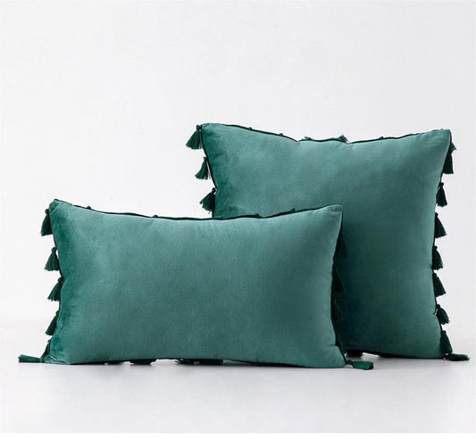 Pack of 2 Velvet Soft Solid Decorative Throw Pillows with Tassels Fringe Boho Accent Cushion Case for Couch Sofa Bed, Dark Green