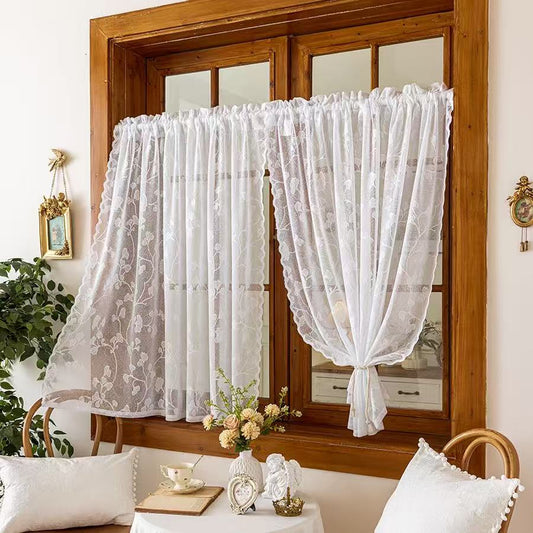 Vintage Lace Curtains Romantic Ginkgo biloba leaves pattern Curtains Panels for Kithchen Living Room French Door, White