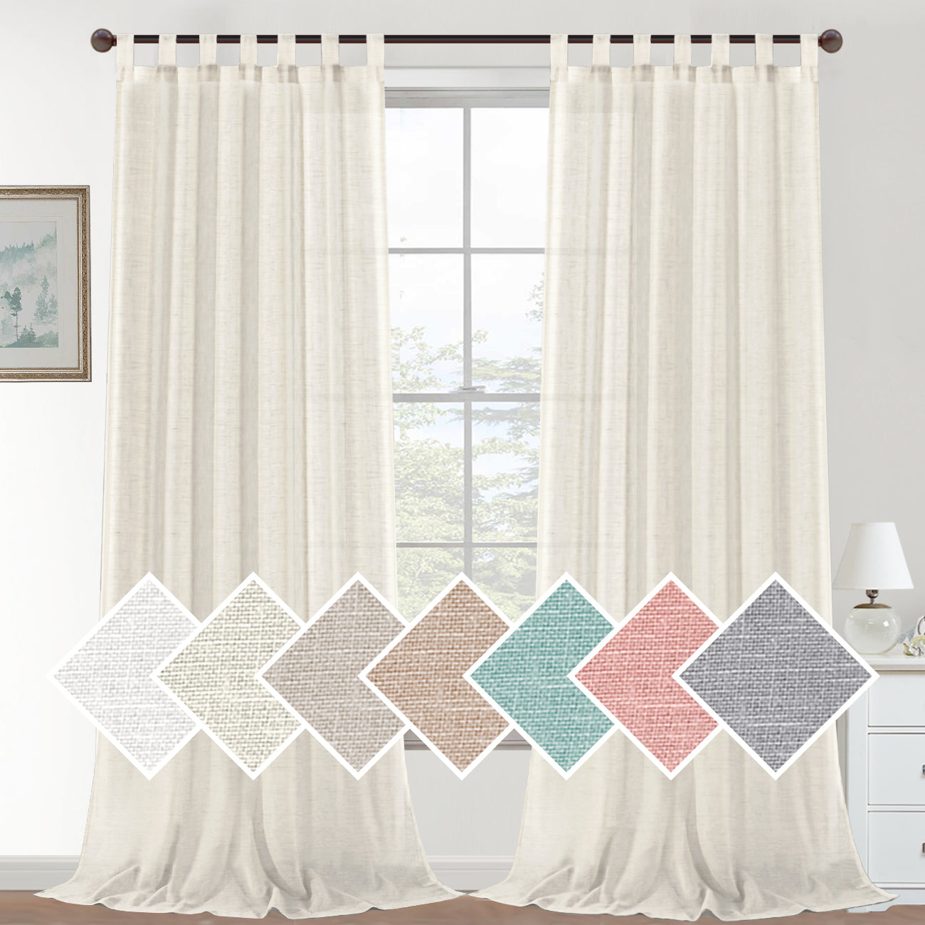 Natural Linen Sheer Curtains 2 Panels, Tab Top Semitransparent Semi-Sheer Soft Comfort Privacy Drapes,Ivory