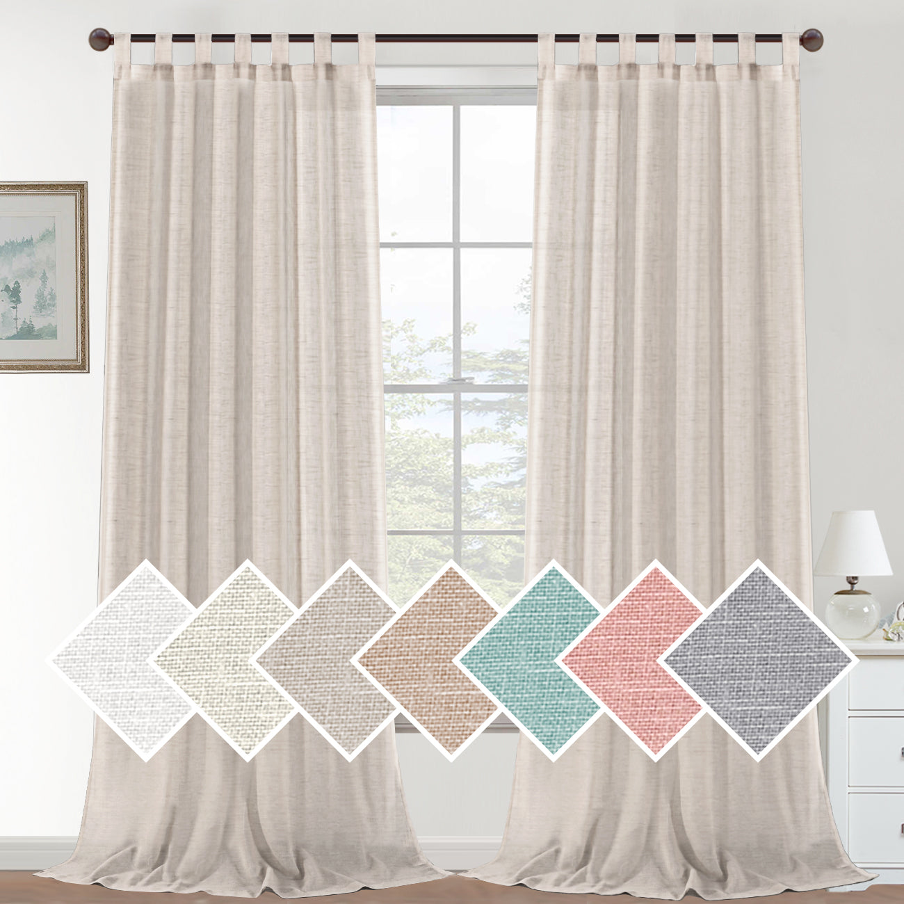 Natural Linen Sheer Curtains 2 Panels, Tab Top Semitransparent Semi-Sheer Soft Comfort Privacy Drapes,Linen