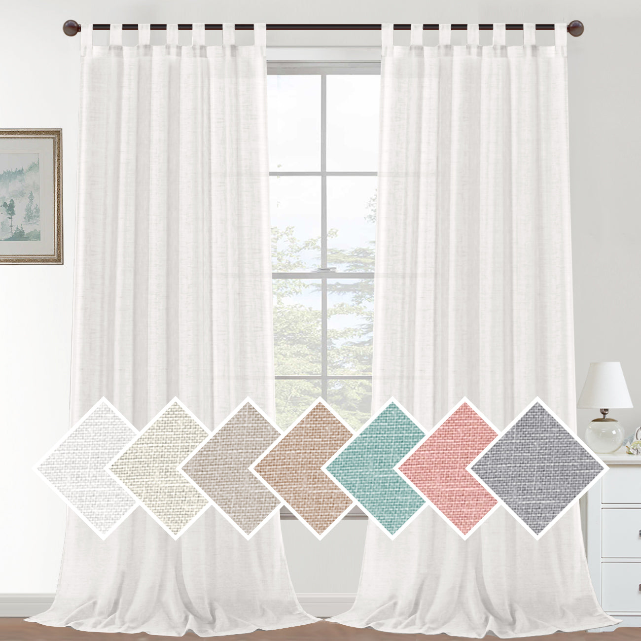 Natural Linen Sheer Curtains 2 Panels, Tab Top Semitransparent Semi-Sheer Soft Comfort Privacy Drapes,White