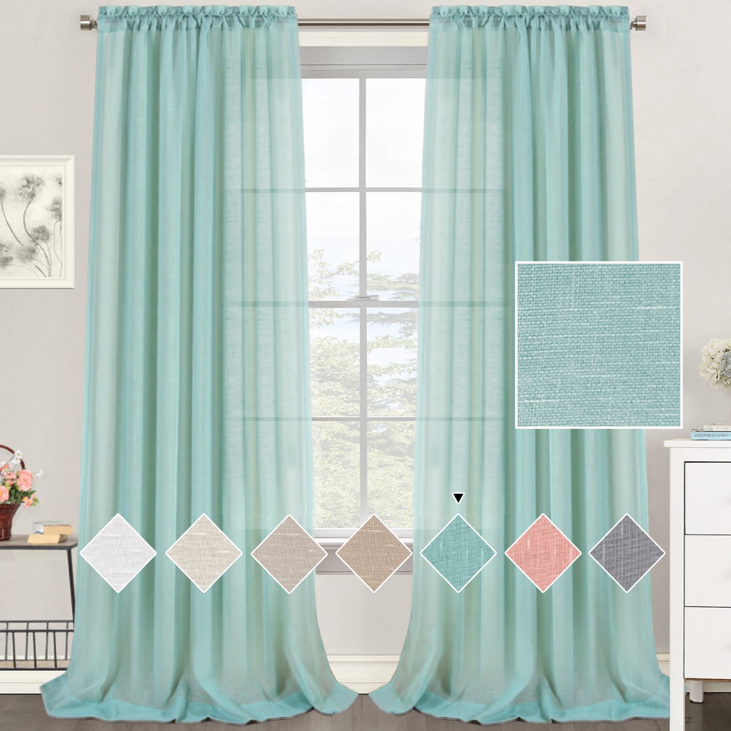 Natural Linen Sheer Curtains 2 Panels, Rod Pocket Semitransparent Semi-Sheer Soft Comfort Privacy Drapes,Sage