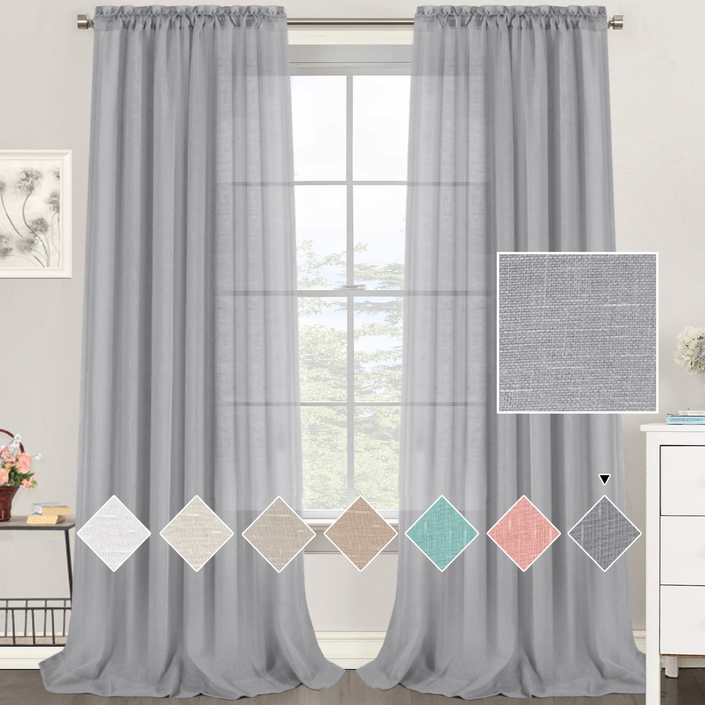 Natural Linen Sheer Curtains 2 Panels, Rod Pocket Semitransparent Semi-Sheer Soft Comfort Privacy Drapes,Grey