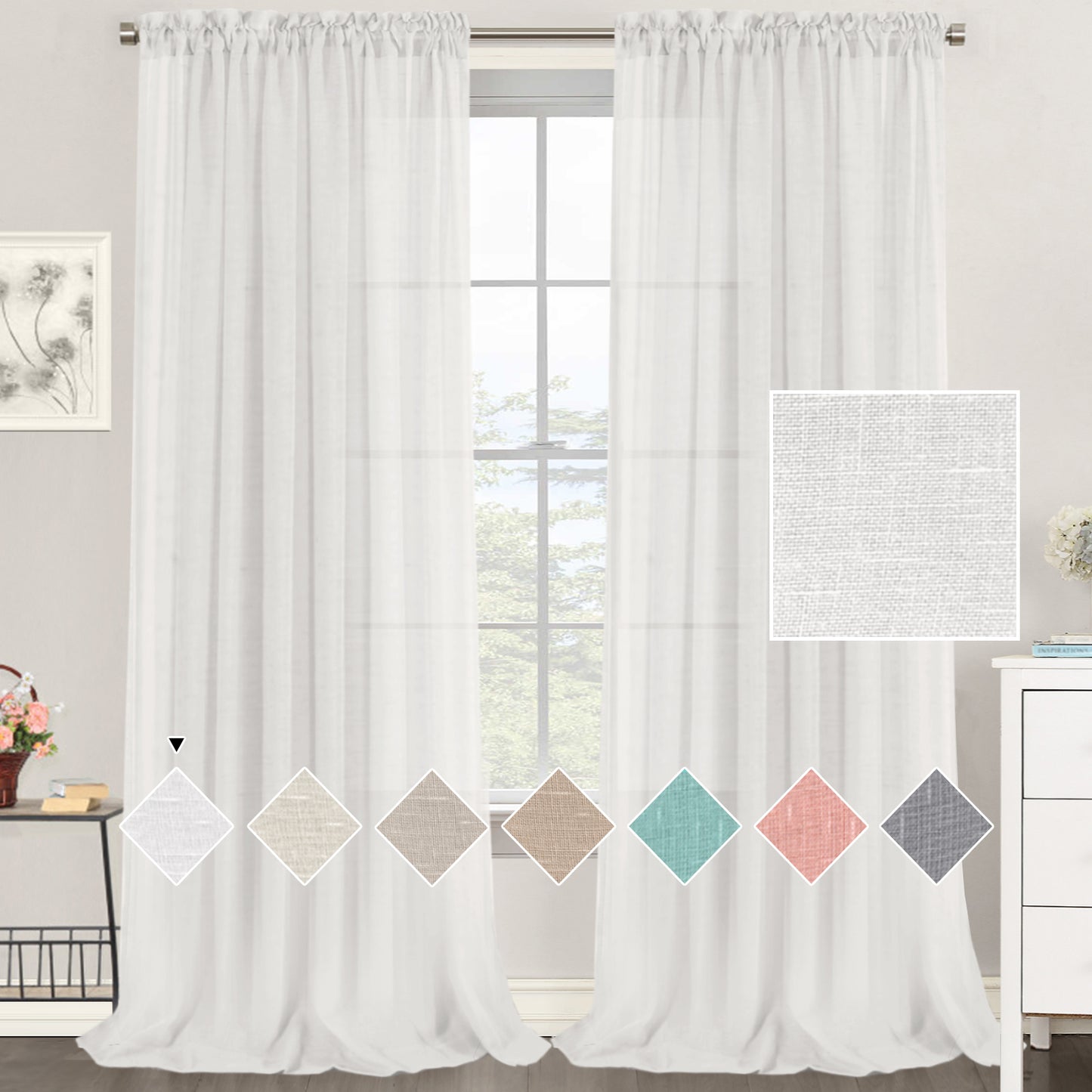 Natural Linen Sheer Curtains 2 Panels, Rod Pocket Semitransparent Semi-Sheer Soft Comfort Privacy Drapes,White