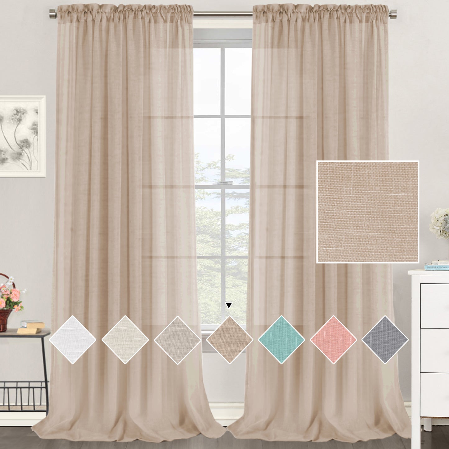 Natural Linen Sheer Curtains 2 Panels, Rod Pocket Semitransparent Semi-Sheer Soft Comfort Privacy Drapes,Natural