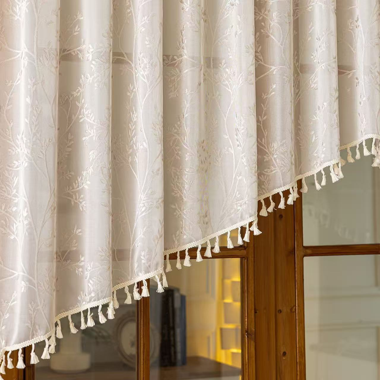 Beige Lace Kitchen Curtain Valance Door Panel Rod Pocket Voile Window Treatment Tier for Bathroom Dining Room 1 Panel