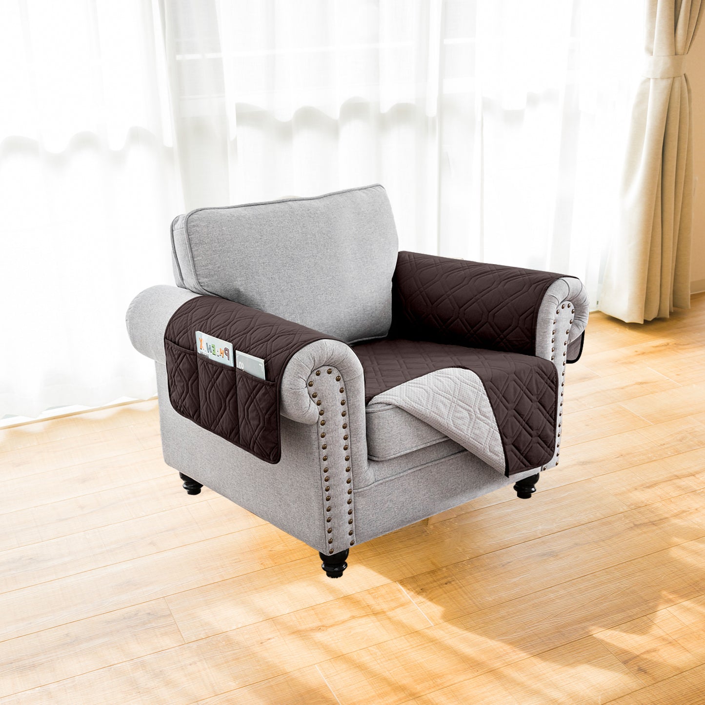 Recliner Sofa Cover Backless  for 1/2/3 Seater with Pocket, Slipcovers Reversible Washable Elastic Adjustable Strap for home,Chocolate