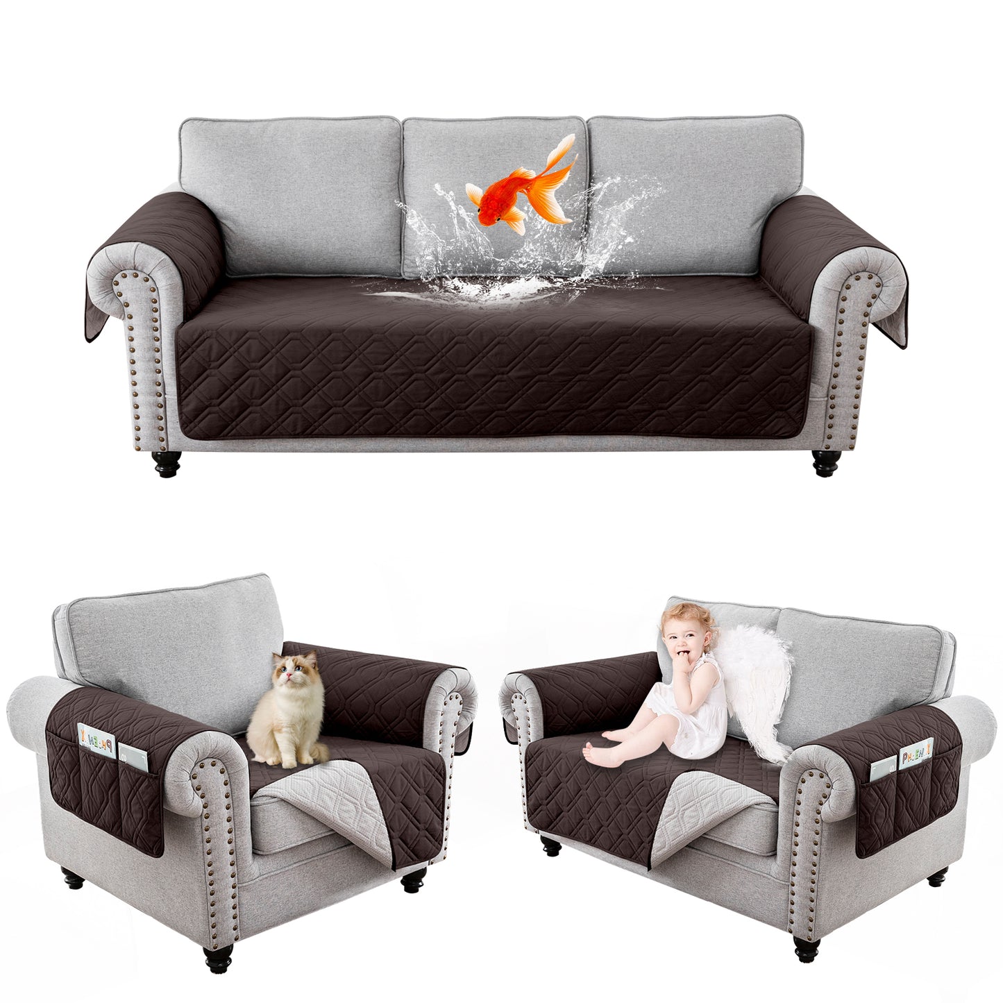 Recliner Sofa Cover Backless  for 1/2/3 Seater with Pocket, Slipcovers Reversible Washable Elastic Adjustable Strap for home,Chocolate