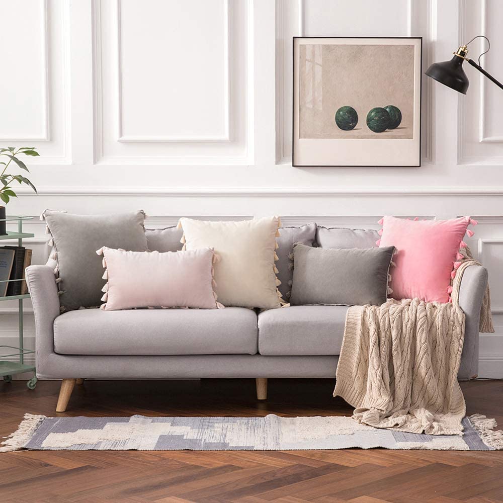 Pack of 2 Velvet Soft Solid Decorative Throw Pillows with Tassels Fringe Boho Accent Cushion for Couch Sofa Bed, Pink Purple