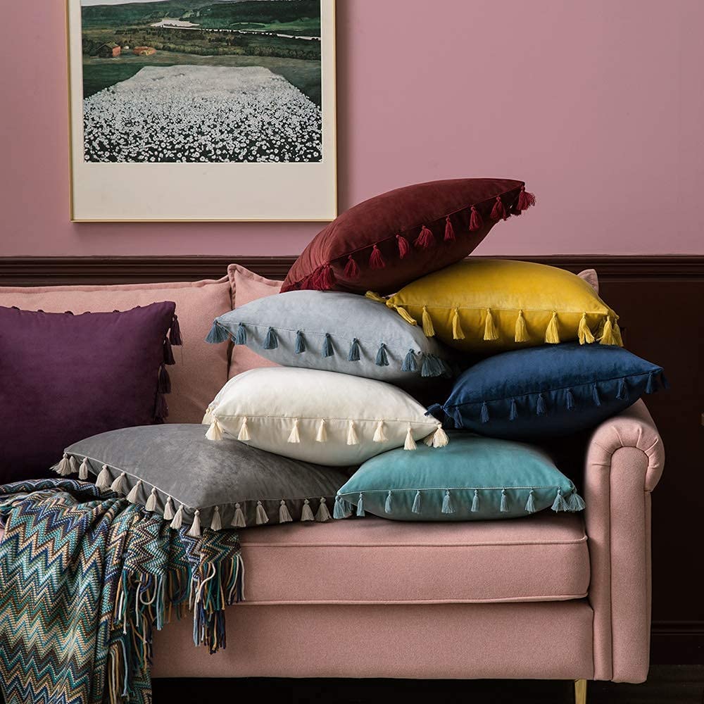 Pack of 2 Velvet Soft Solid Decorative Throw Pillows with Tassels Fringe Boho Accent Cushion for Couch Sofa Bed, Yellow
