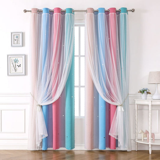 2 Panels Curtains for Kids Girls Bedroom Aesthetic Living Room Decor Colorful Double Layer, Star Cut Out Stripe Rainbow Window ,Blue/Pink