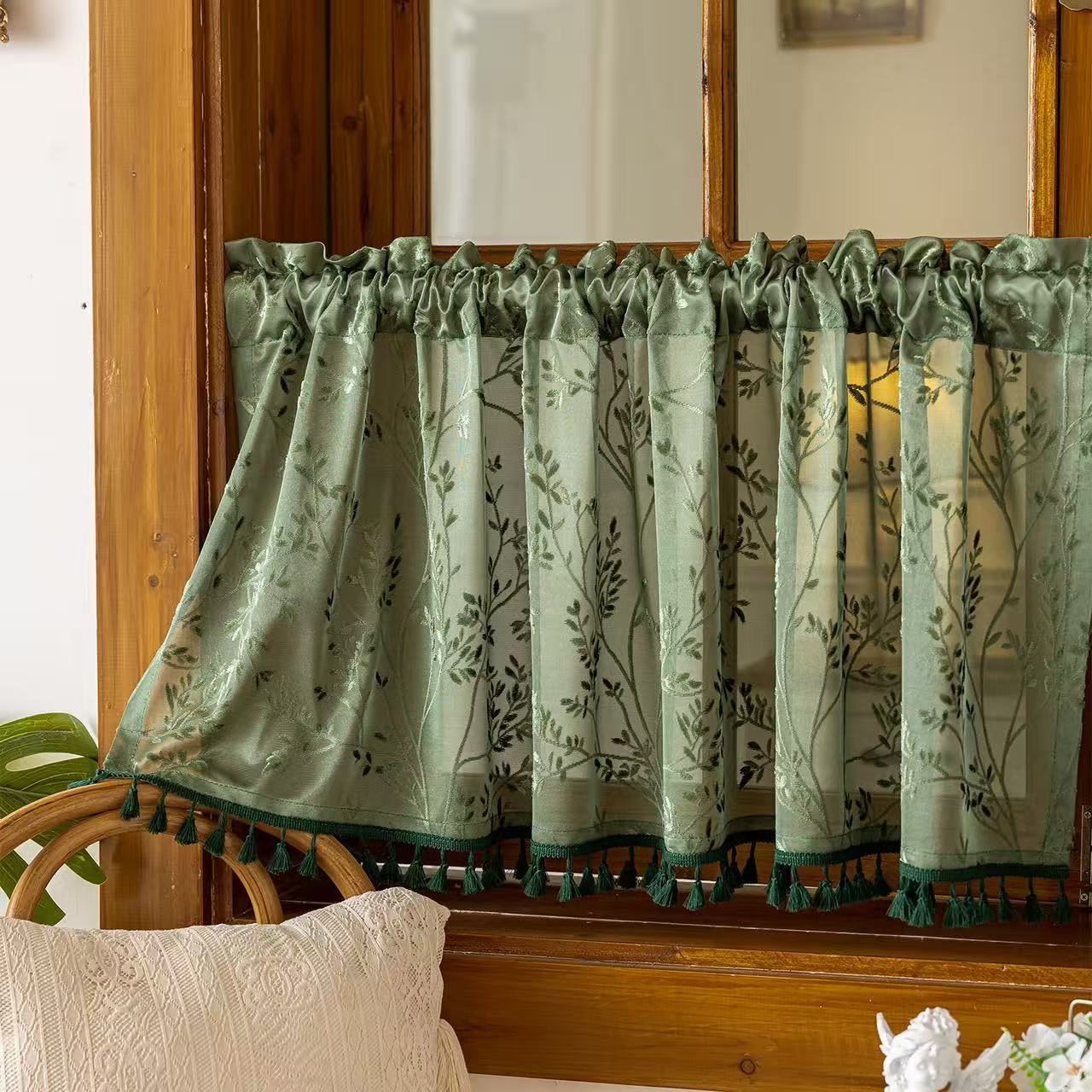 Green Valances for Windows, Small Window Curtains for Living Room Bathroom Laundry Basement, Modern Rod Pocket Semi Sheer Jacquard Curtains