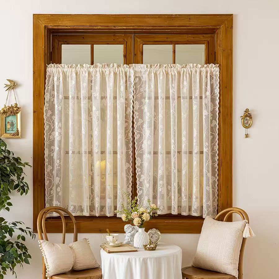 Vintage Lace Curtains Romantic Ginkgo biloba leaves pattern Curtains Panels for Kithchen Living Room French Door, Beige