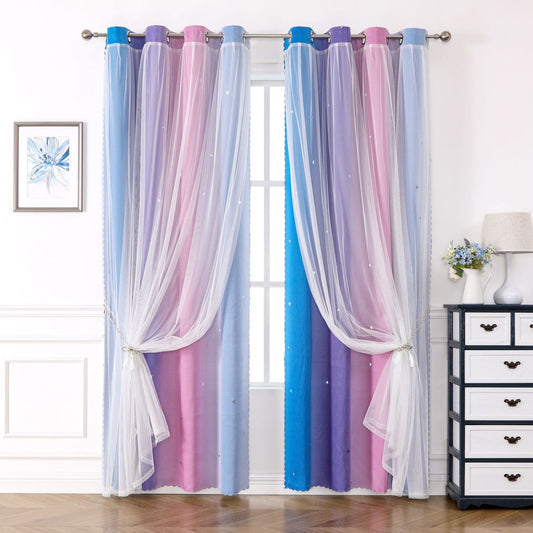 2 Panels Curtains for Kids Girls Bedroom Aesthetic Living Room Decor Colorful Double Layer, Star Cut Out Stripe Rainbow Window ,Pink/Purple