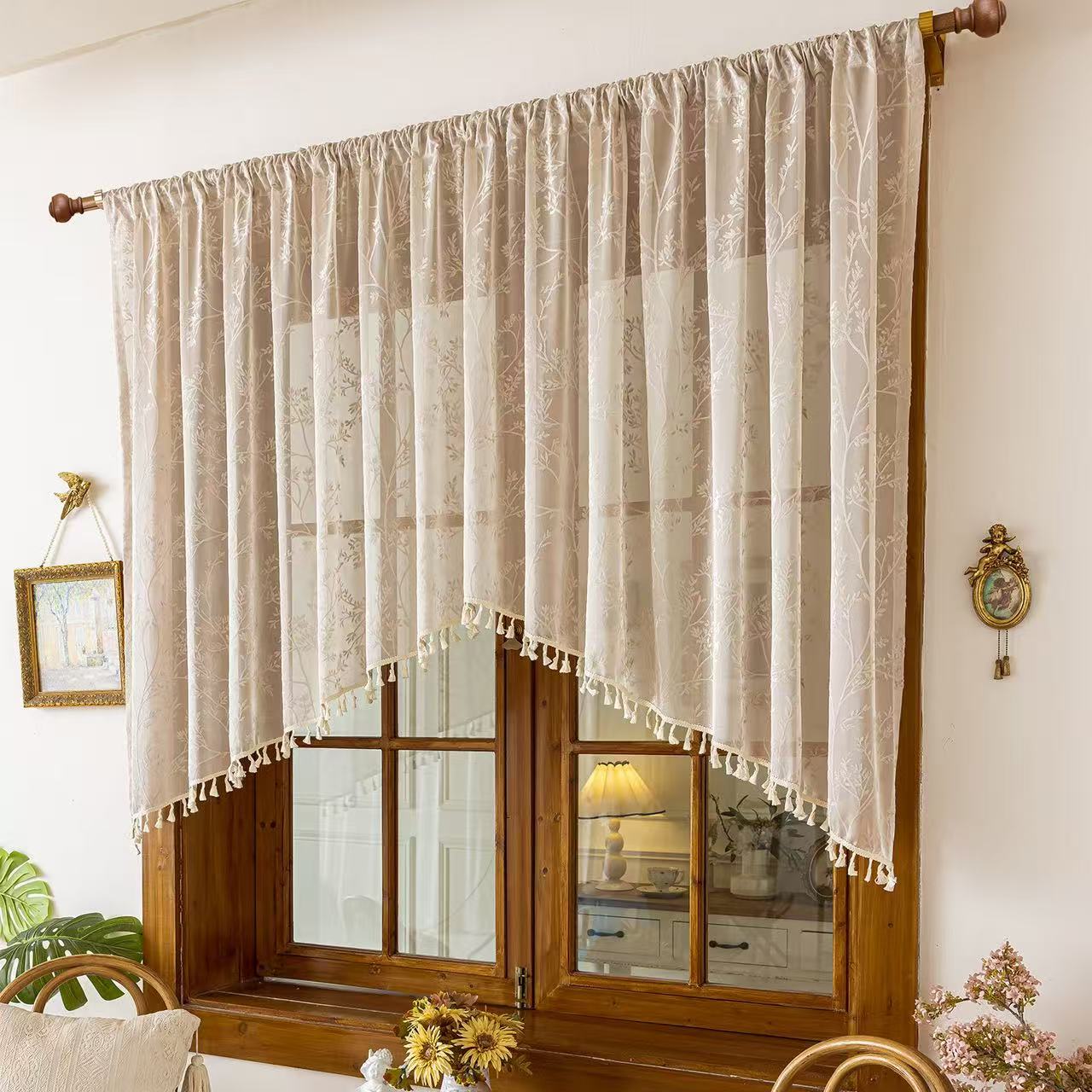 Beige Lace Kitchen Curtain Valance Door Panel Rod Pocket Voile Window Treatment Tier for Bathroom Dining Room 1 Panel