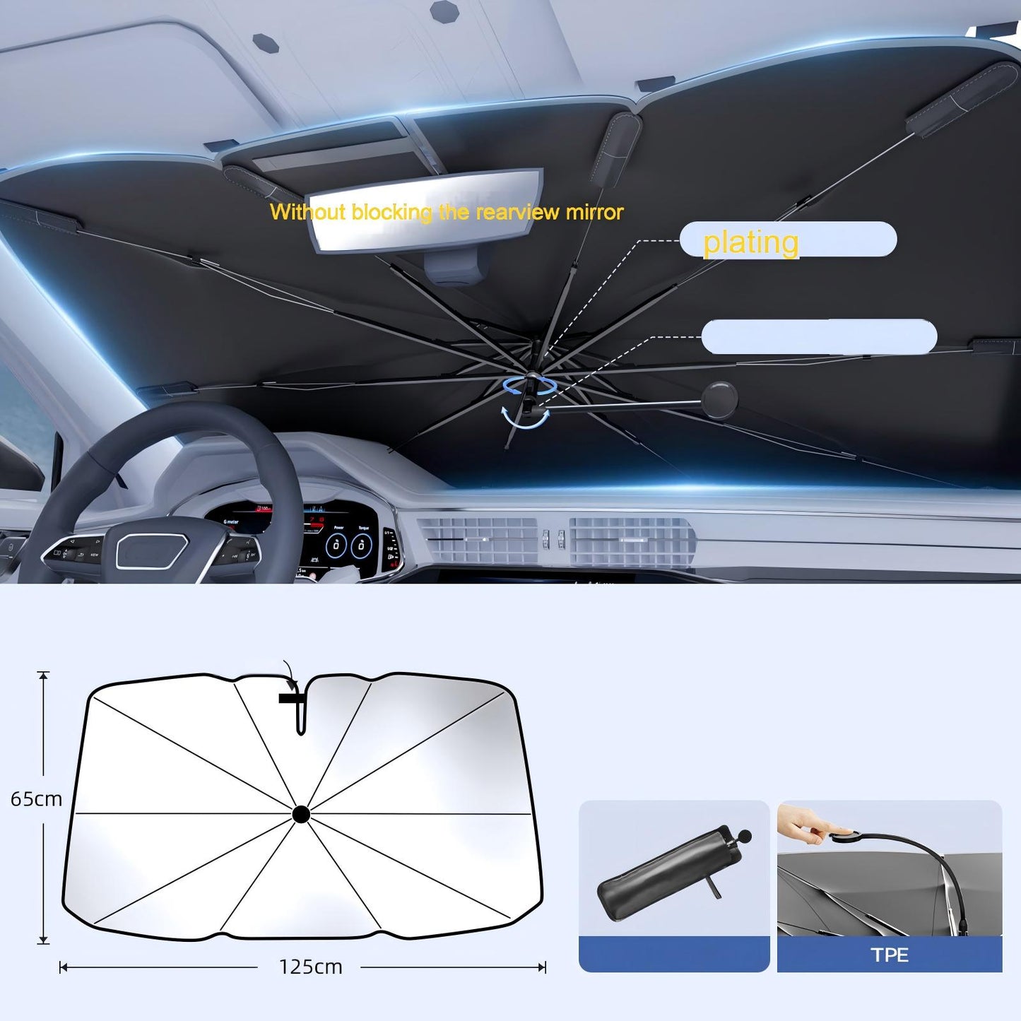 Windshield Sun Shade Umbrella - Protect Car from Sun Rays & Heat Damage Keep Cool and Protect Interior, Spring Structure,Umbrella handle bent,Top opening,Silvery