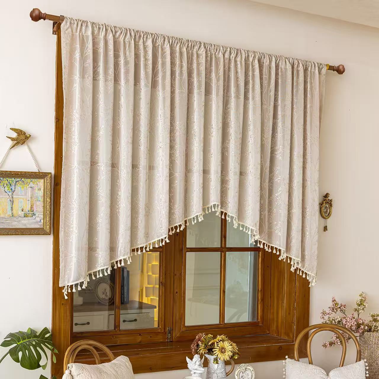 Beige Lace Kitchen Curtain Valance Door Panel Rod Pocket Voile Window Treatment Tier for Bathroom Dining Room 1 Panel