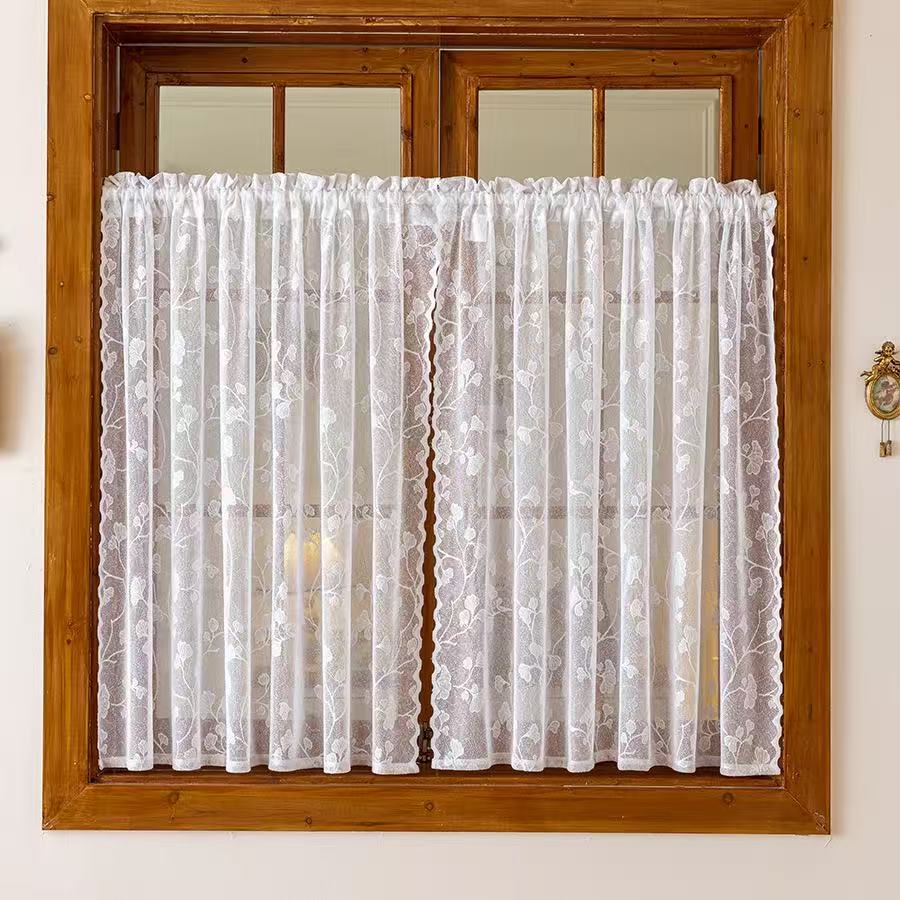 Vintage Lace Curtains Romantic Ginkgo biloba leaves pattern Curtains Panels for Kithchen Living Room French Door, White