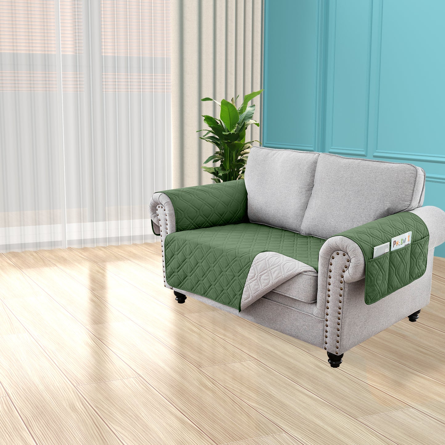 Recliner Sofa Cover Backless  for 1/2/3 Seater with Pocket, Slipcovers Reversible Washable Elastic Adjustable Strap for home,Dark Green