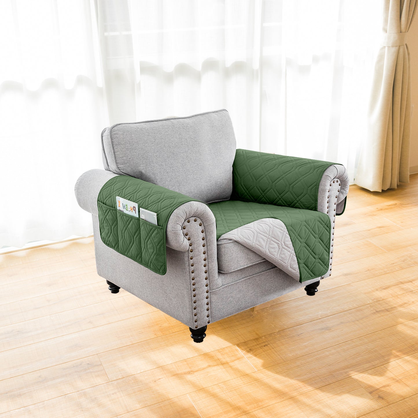 Recliner Sofa Cover Backless  for 1/2/3 Seater with Pocket, Slipcovers Reversible Washable Elastic Adjustable Strap for home,Dark Green