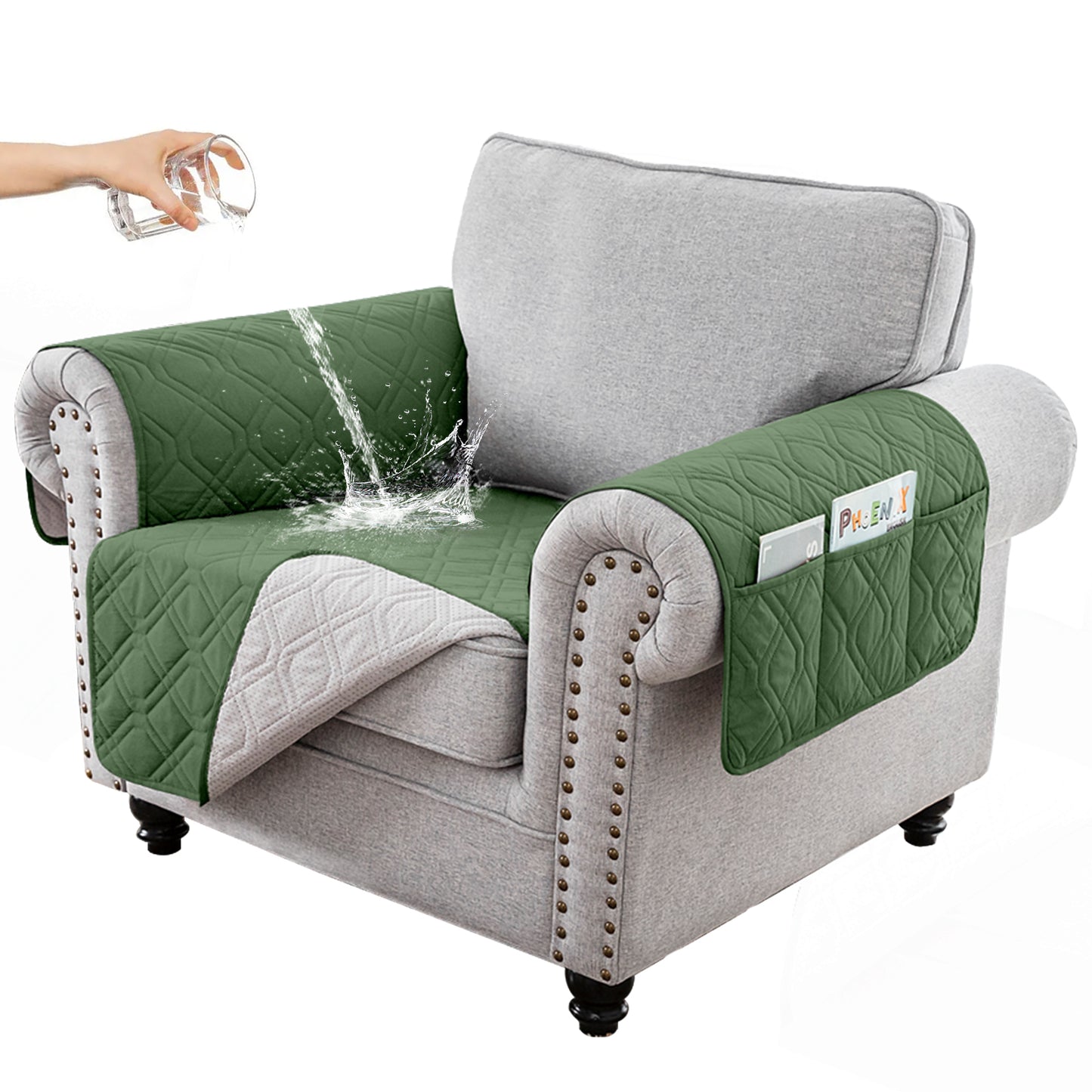 Recliner Sofa Cover Backless  for 1/2/3 Seater with Pocket, Slipcovers Reversible Washable Elastic Adjustable Strap for home,Dark Green